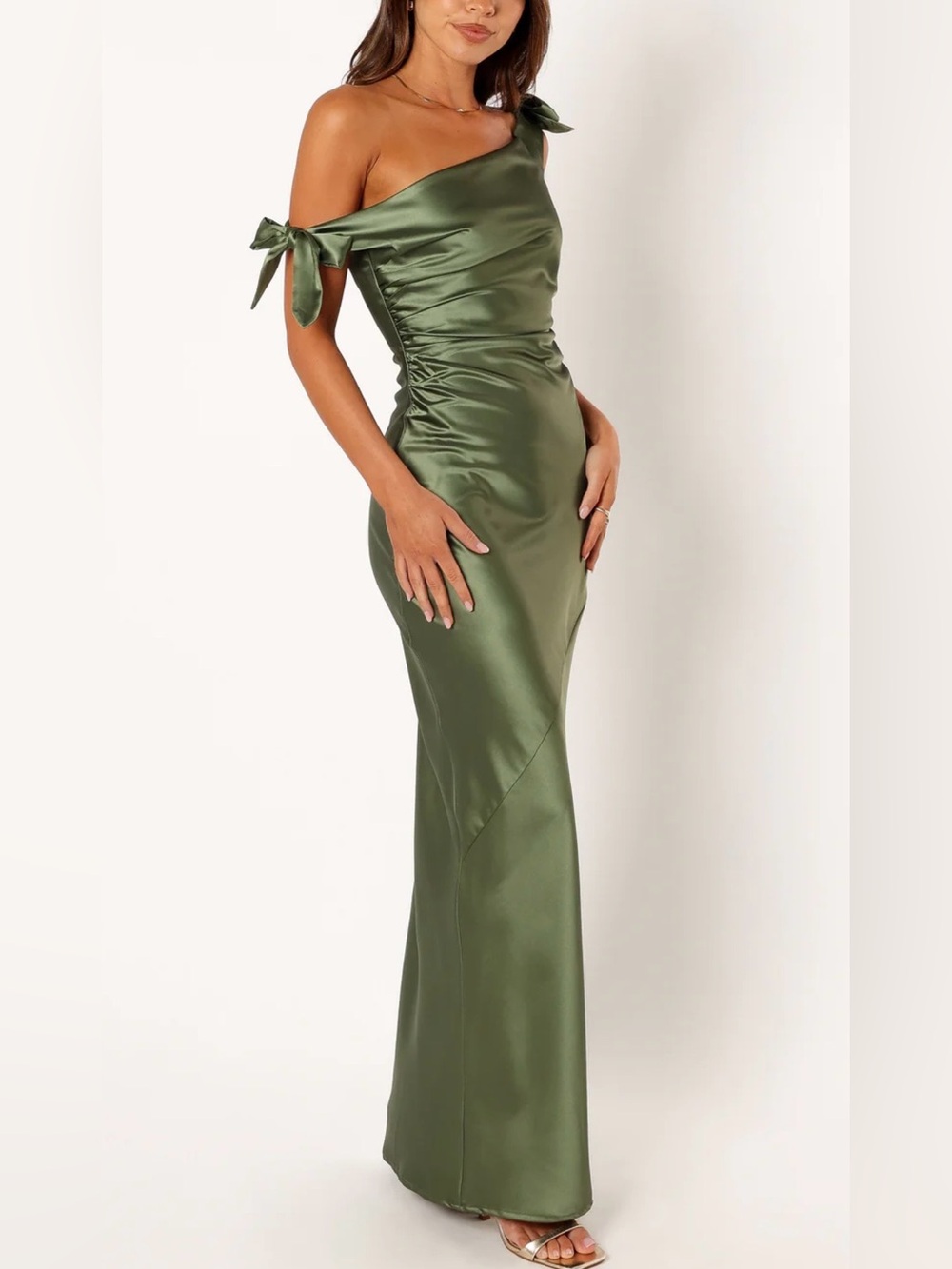 Petal & Pup Olive Green Satin Tie-Shoulder Midi Dress size M
